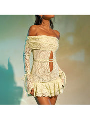 Hollow-out Ruffle Bandage Off Shoulder Mini Dress