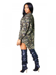 Camouflage Print Buckle Irregular Shirt Dress