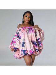 Print Loose Batwing Bubble Skirt Long Sleeves Dress