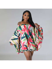 Print Loose Batwing Bubble Skirt Long Sleeves Dress