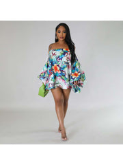 Print Loose Batwing Bubble Skirt Long Sleeves Dress