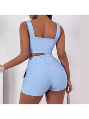 Lace Up Solid Color Cargo Bodycon Pant Sets