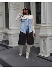 Denim Wear Out Raged Hem Lapel Trench Coat