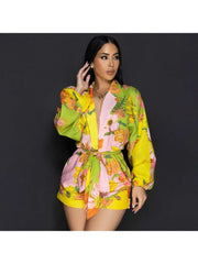 Linen Floral Printed Shawl Collar Bandage Rompers