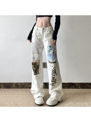 Denim Graffiti Letter Print Straight Jeans