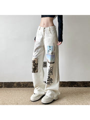 Denim Graffiti Letter Print Straight Jeans