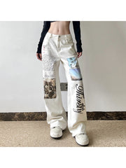 Denim Graffiti Letter Print Straight Jeans