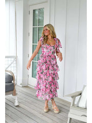 Print A-line Sleeveless Tiered Dresses