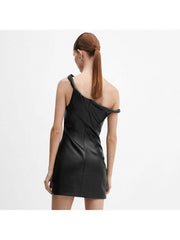 PU Patchwork Inclined Shoulder Mini Dress