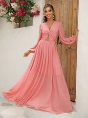 Solid Color Hollow-out Knot Lantern Sleeve Maxi Dress