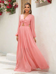 Solid Color Hollow-out Knot Lantern Sleeve Maxi Dress