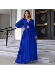 Solid Color Hollow-out Knot Lantern Sleeve Maxi Dress