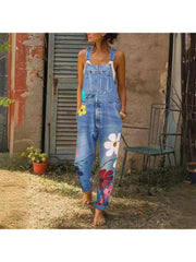 Floral Denim Overalls Jumpsuits