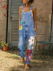 Floral Denim Overalls Jumpsuits