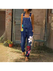 Floral Denim Overalls Jumpsuits