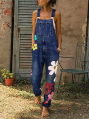 Floral Denim Overalls Jumpsuits