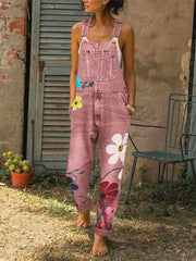 Floral Denim Overalls Jumpsuits