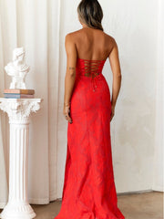 Jacquard Weave Split Hem Strapless Maxi Dress