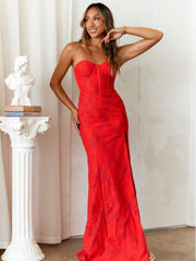 Jacquard Weave Split Hem Strapless Maxi Dress