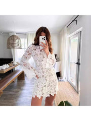 Hook Flower Lace Trumpet Sleeve Mini Dress