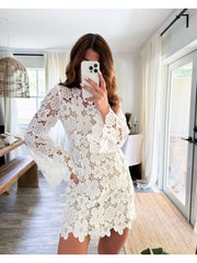 Hook Flower Lace Trumpet Sleeve Mini Dress