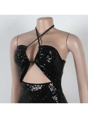 Sequin Bandage Halter Backless Split Hem Dress