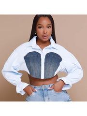 Denim Patchwork Trumpet Sleeve Cropped Shirt