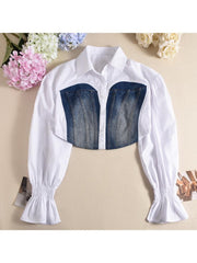 Denim Patchwork Trumpet Sleeve Cropped Shirt