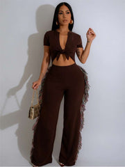 Fringe Patchwork Short Sleeve Jumpsuits