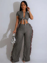 Fringe Patchwork Short Sleeve Jumpsuits