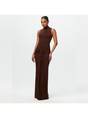 Plain Ruched Ribbons Sleeveless Maxi Dress