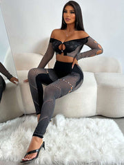 Cutouts Embellished Off Shoulder Pant Sets