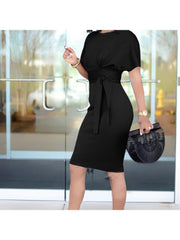 Plain Waist Tie Batwing Sleeve Fitted Midi Dress