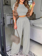 Plain Color Cropped Wide Leg Pant Sets