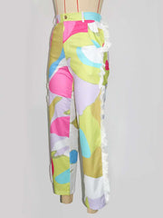 Contrast Color Print Tassel Flared Pants