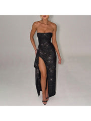 Patchwork Shiny Split Hem Strapless Maxi Dress