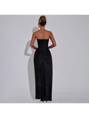 Patchwork Shiny Split Hem Strapless Maxi Dress