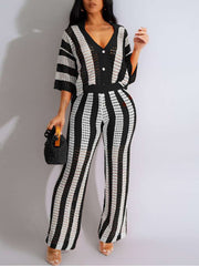 Vertical Hollow-out Shirt Wide Leg Pant Sets