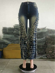 Washed Denim Fuzzy Trim Flared Jeans