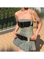 Patchwork Pleated Strapless Denim Dress