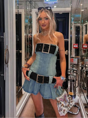 Patchwork Pleated Strapless Denim Dress