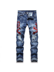 Embroidery Ripped Washed Men's Jeans