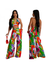 Halter Print Backless Wide Leg Jumpsuits