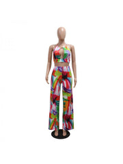 Halter Print Backless Wide Leg Jumpsuits