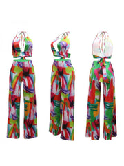 Halter Print Backless Wide Leg Jumpsuits