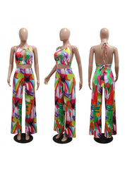 Halter Print Backless Wide Leg Jumpsuits