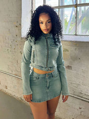 Denim Embroidery Raged Hem Jackets Skirt Sets