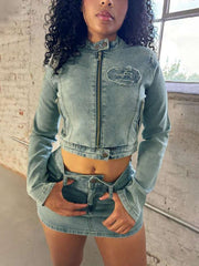 Denim Embroidery Raged Hem Jackets Skirt Sets