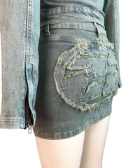 Denim Embroidery Raged Hem Jackets Skirt Sets