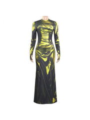 Colorblock Abstract Print Long Sleeves Maxi Dress